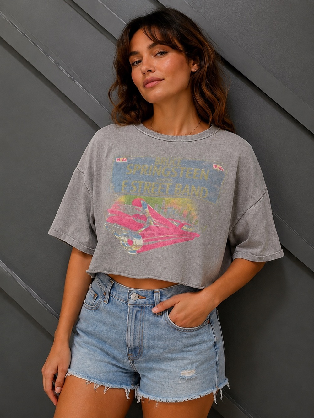 Bruce Springsteen E Street Band Cropped Graphic Tee | Oversized Boxy Fit | Gray